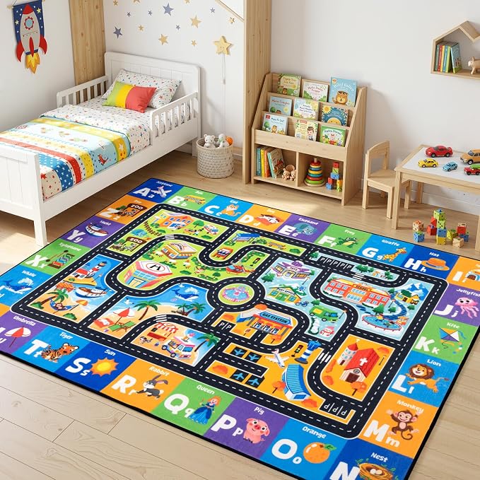 Kids Rug Car Track & Road Map Rug, Soft Non-Slip Playroom Carpet - Image 4