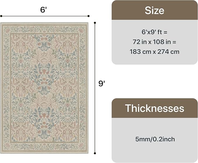 GENIMO 6x9 Washable Area Rug, Non-Slip Vintage Boho Floral Carpet, Soft - Image 2