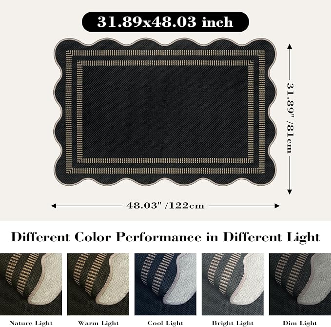 Scalloped Easy Jute Black Rug, 2.6x4 Front Door Washable Door Mat Non Slip - Image 2