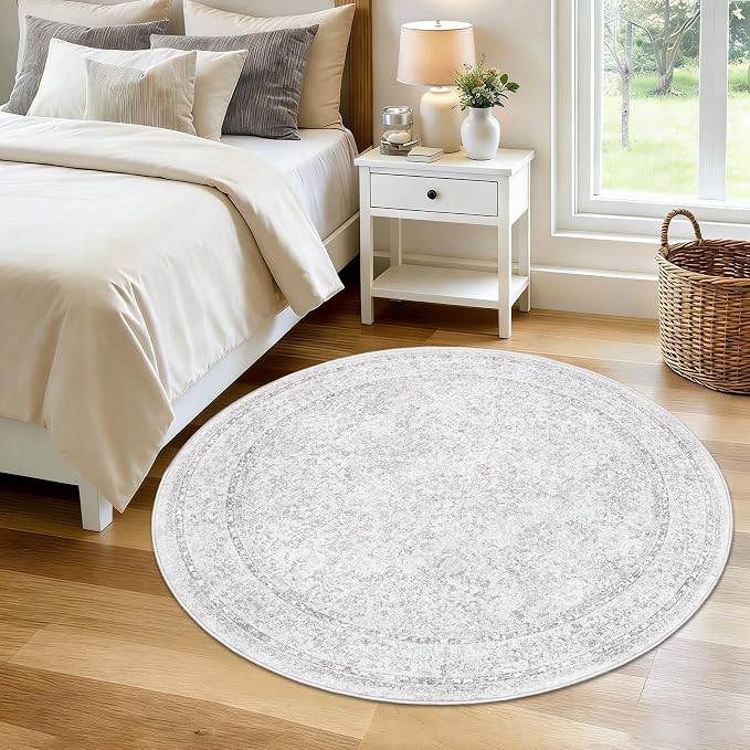 Round Rugs 4ft Vintage Floral Small Circle Rug, Washable Non Slip Soft Low Pile - Image 2