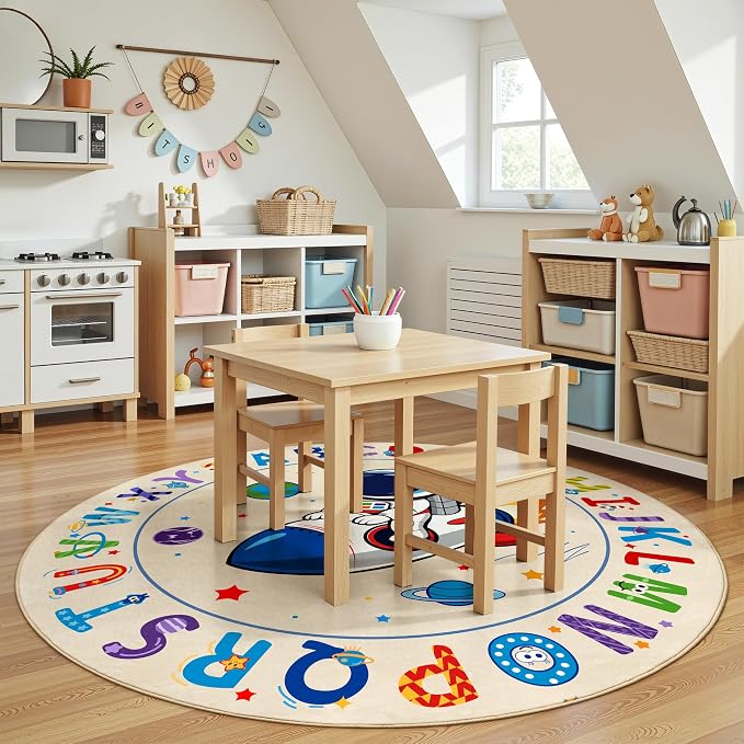 Astronaut Space Kids Round Rug 5ft, Washable Alphabet ABC Circle Carpet - Image 8