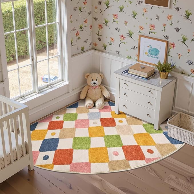 jinchan Macy Kids Rug for Nursery 5ft Radius Corner Washable Area Rug Modern by JINCHAN