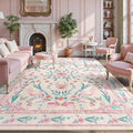Pink Floral Bow Rug 8x10 for Living Room, Washable Non Slip Area Rug, Soft Boho by KiginaraArt