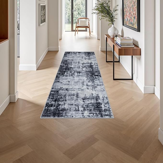 2'x5'Runner Rug Washable Rug: Modern Abstract Soft Thin Runner Rug Dark Black - Image 4
