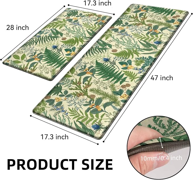 Beige Green Botanical Kitchen Rugs Set of 2 Plant Leaf Anti-Fatigue Kitchen Mat - Image 2