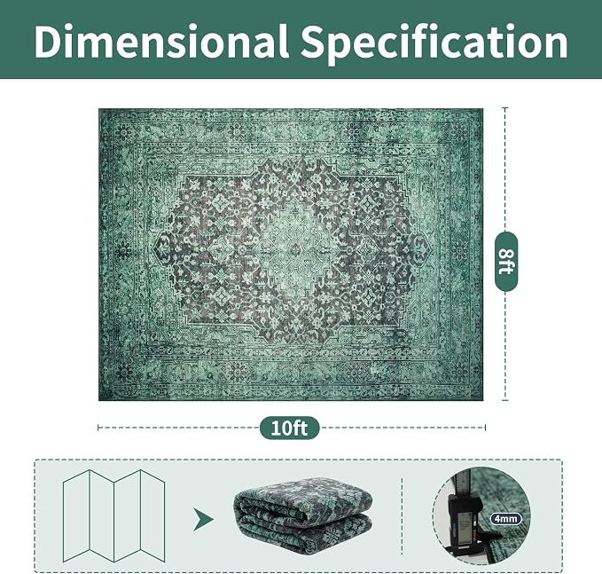 Washable Rugs 8x10 Area Rugs for Living Room- Vintage Green Rugs for Bedroom - Image 2