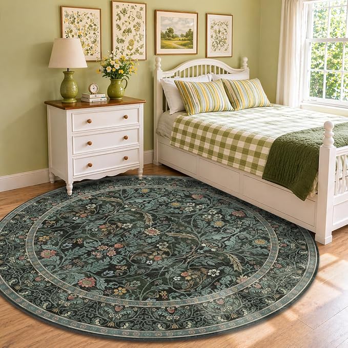 8ft Round Rug for Living Room, Dark Green Vintage Botanical Floral Large Circle - Image 6