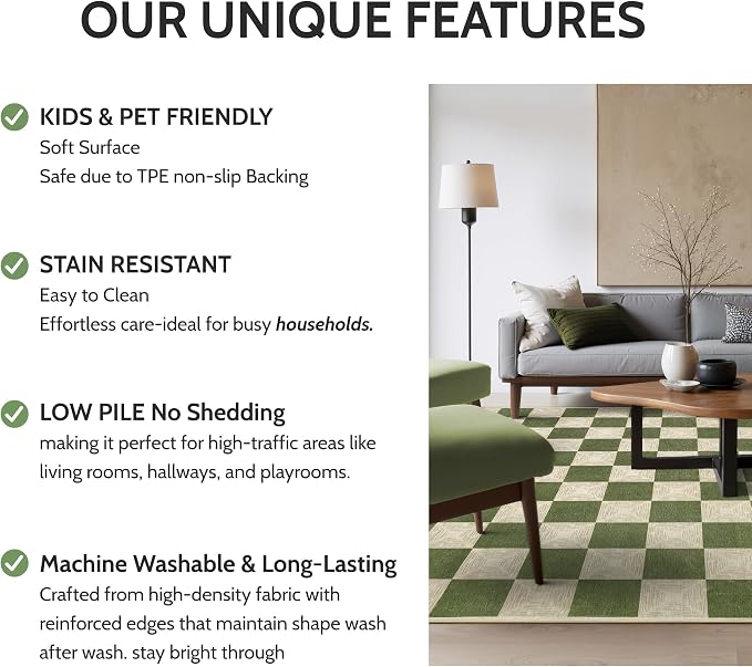 Washable Green Checkered Rug 5x7, Non-Slip Low Pile Area Rug - Image 8
