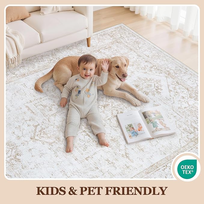 Area Rug 6x9 Living Room Rug Washable:No-Slip Vintage Medallion Rug Soft Low - Image 5