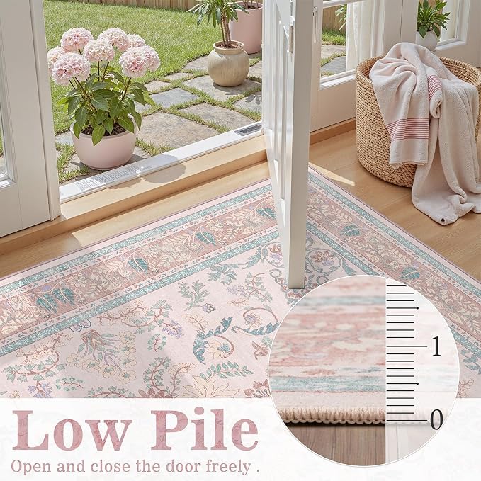 DCX 3x5 Pink Vintage Floral Rug, Machine Washable Non Slip Low Pile Carpet - Image 2
