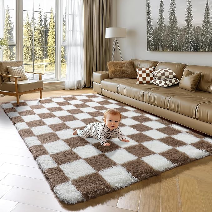 KICMOR Living Room Rug 5x8 Brown and Cream White, Large Fluffy Shag Fuzzy - Image 5