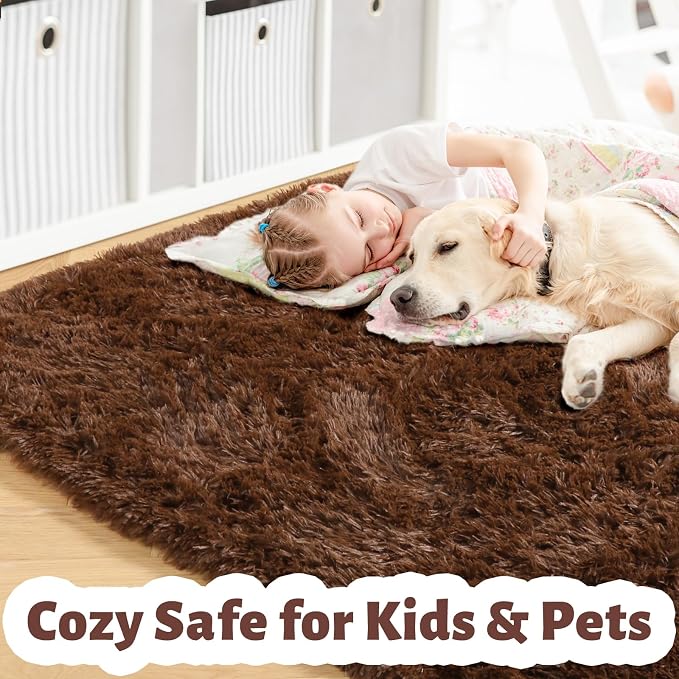Amdrebio Dark Brown Area Rugs for Bedroom Living Room, 5x7 Fluffy Shaggy Plush - Image 2