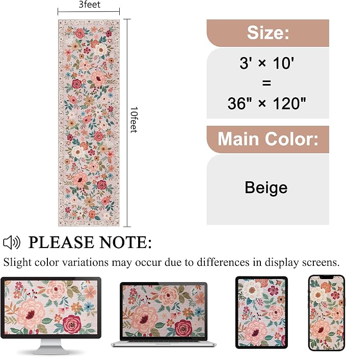 DUKINO 3x10 Runner Rug for Hallway, Washable Kitchen Floral Runner Rug - Image 2
