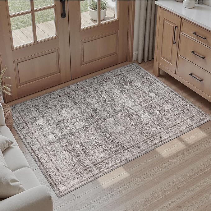 DCX Machine Washable Grey Entryway Rug 2x3, Non Slip Stain Resistant Vintage by DCXWashableRug