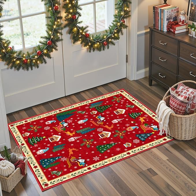 Christmas Rug 2x3 Small Washable Red Kitchen Rugs Non-Slip Indoor Entry Carpet by WelcometoBabovid
