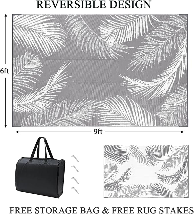 Pauwer Outdoor Rug, Leaf Grey, Reversible, Waterproof, Polypropylene, - Image 2