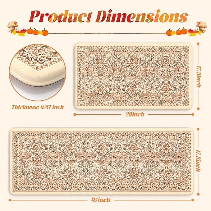 Collive Kitchen Mats Cushioned Anti Fatigue, Fall Vintage Floral Kitchen Rug - Image 2