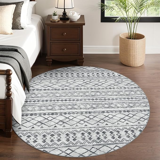 KUTA Boho Round Area Rugs 6Ft Grey Moroccan Circle Washable Rug Non-Slip - Image 3