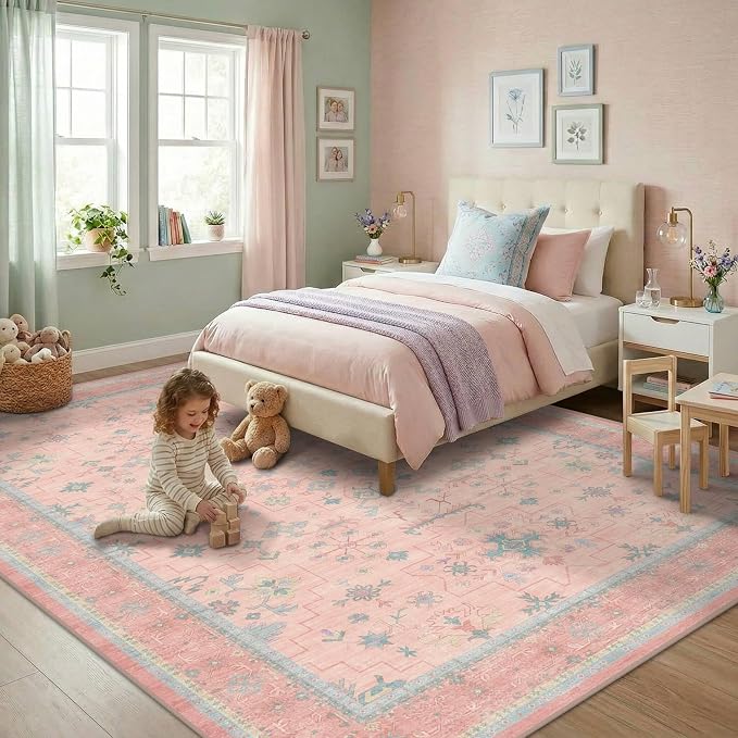 Washable Pink and Blue 6x8 Boho Rugs by HazoHaus