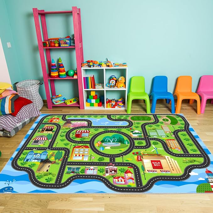 Kids Car Rug, 78.7" x 59" Road Map Floor Mat | Road map design, soft low-pile - Image 9