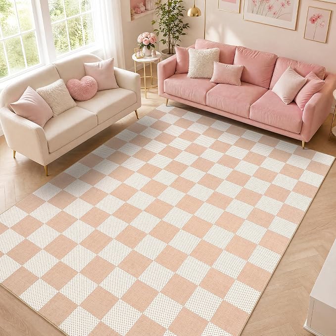 GarveeHome Checkered Blush Beige Neutral Nursery Kids Playroom 5x7 Washable Rug by GarveeHome