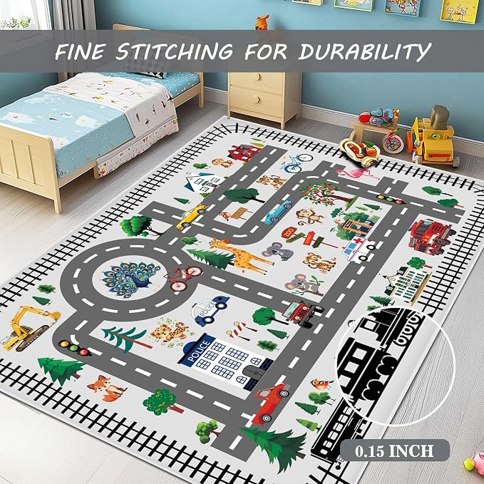 Kids Playroom Rug, Non Slip Washable Area Rug, City Road Car Track Carpet - Image 3