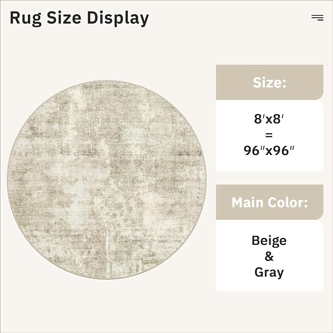 Soalmost 8x8 Beige Gray Round Rug 8ft Living Room Circle Rug Vintage Round Area - Image 5