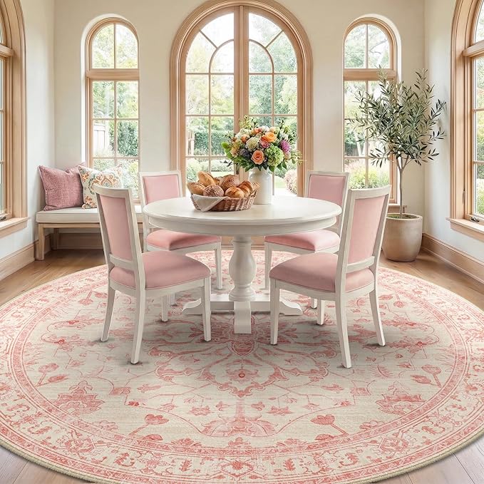 RELEANY Area Rugs Round 8ft Washable Non-Slip, Floral Vintage Distress - Image 2