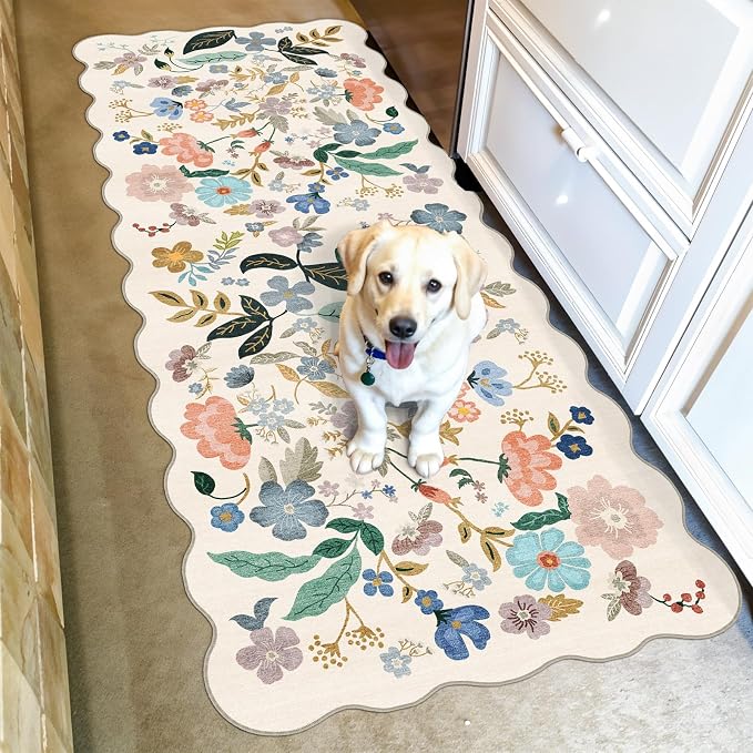 Hallway 2x5 Washable Runner Rug: Stain Resistant Floral Scalloped Rug by HYHAOYUNLAI