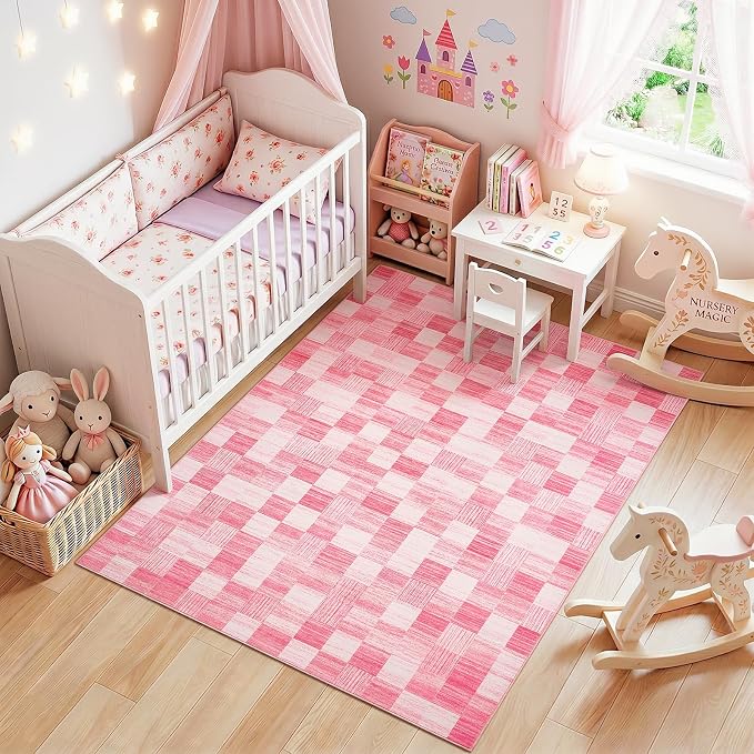 Terrug Pink Checkered Rug for Bedroom, 4x6 Area Rugs Washable - Image 3