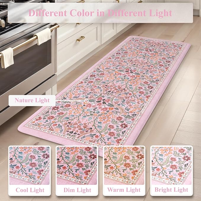 Collive Kitchen Mats for Floor, Cushioned Anti Fatigue Mat Pink Floral Rugs 2 - Image 8