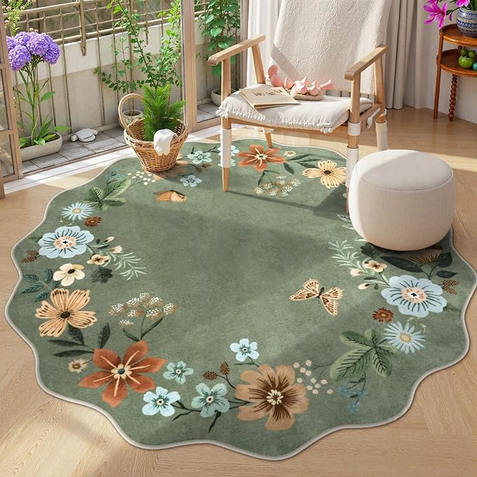 Lahome Floral Washable Round Rugs, Non-Slip Soft Round Rug 4ft Ultra-Thin by Lahome