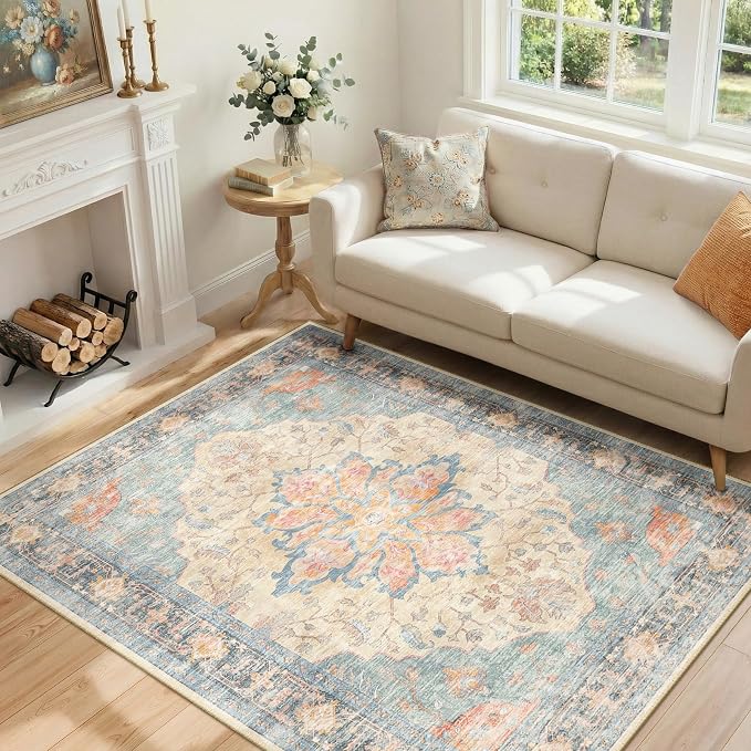 RELEANY Area Rugs 4'x6' Washable Non-Slip, Floral Vintage Distress Medallion by RELEANY