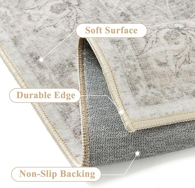 Neutral Kitchen Rug Set of 3 Washable Grey Floral Kitchen Mats - Image 6