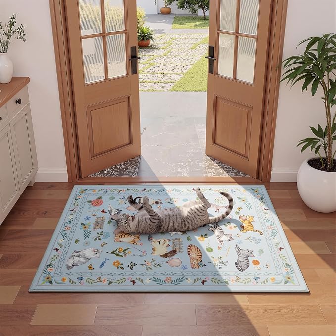 Unirea 2x3 Small Light Blue Grey Washable Cat Area Rug, Door Mat Indoor - Image 3