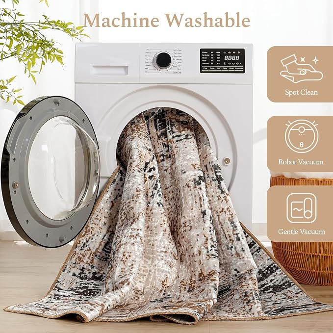 Rugflix 8x10 Washable Area Rugs, Neutral Boho Carpet Living Room Rug Non Slip - Image 4