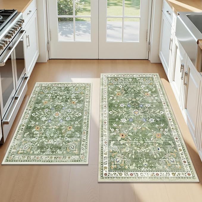 Yamaziot Washable Kitchen Rug Set of 2 – Non Slip Boho Floral Hallway Runner Rug by Yamaziot
