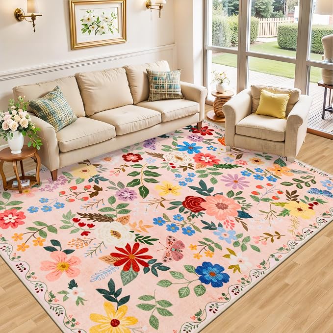 Area Rug Living Room Rugs: Floral 5x7 Washable Rug Vintage Soft Boho Non-Slip - Image 2
