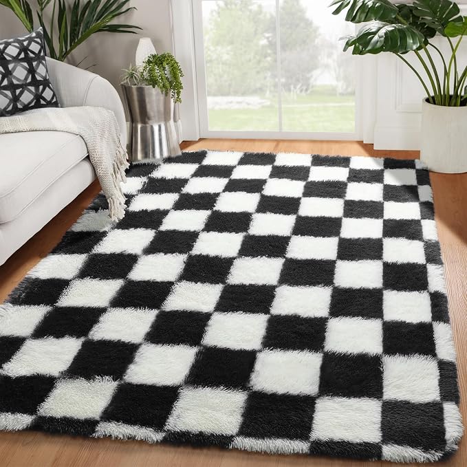 KICMOR Area Rugs for Bedroom Living Room, 4x6 Black and White Fluffy Soft by KICMOR