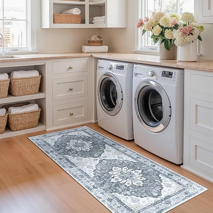 RELEANY Area Rugs Runner 2'x5' Washable Non-Slip, Floral Vintage Distress by RELEANY