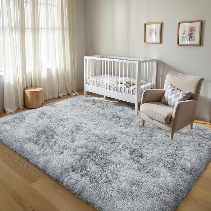 KICHOWUA Thick Area Rug Light Grey Shag Fluffy 5x8 - Image 6