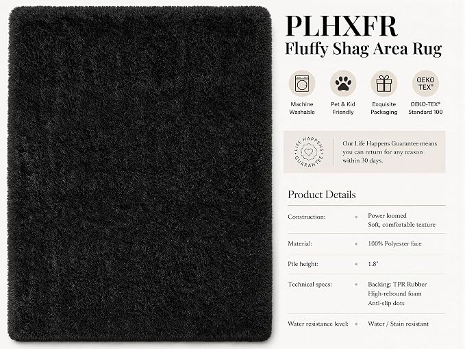 Area Rug for Living Room Bedroom: 5x7 Black Soft Fluffy Shag Upgrade Non-Slip - Image 4