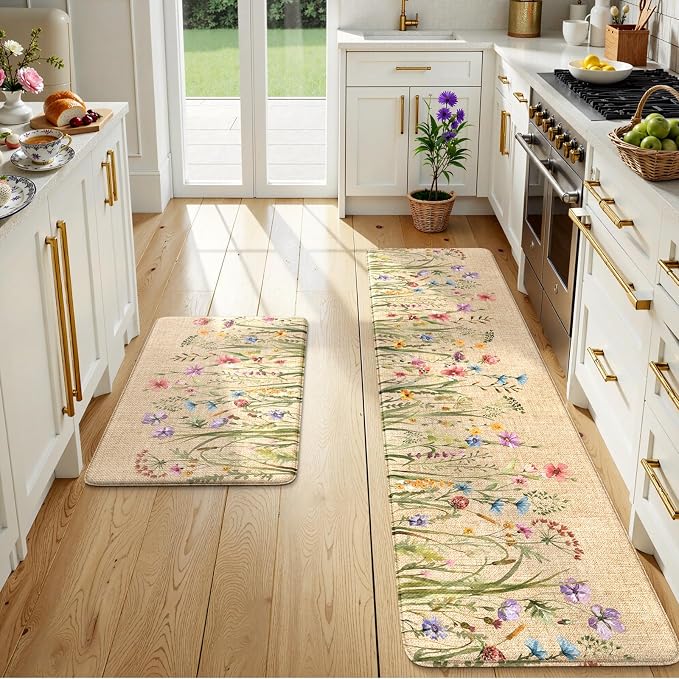 KIMODE Kitchen Anti Fatigue Mats, Farmhouse Flower Kitchen Rugs Sets of 2 by StayinComfortCookwithJoy