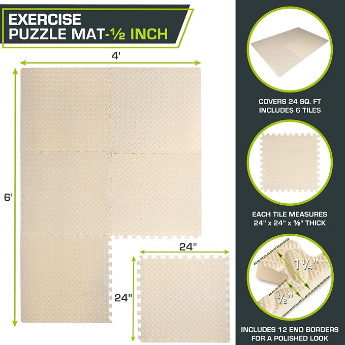 ProsourceFit Exercise Puzzle Mat 1/2-inch, EVA Interlocking Foam Floor Tiles - Image 2