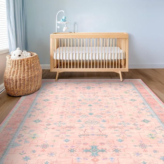Pink Rugs for Bedroom Girls, 5x7 Washable Area Rug for Living Room Nursery Kids - Image 8