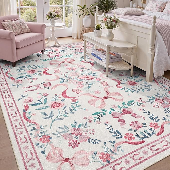 DCX Washable 9x12 Bow Rug, Cute Soft Low Pile Indoor Décor Carpet, Kid & Pet - Image 5