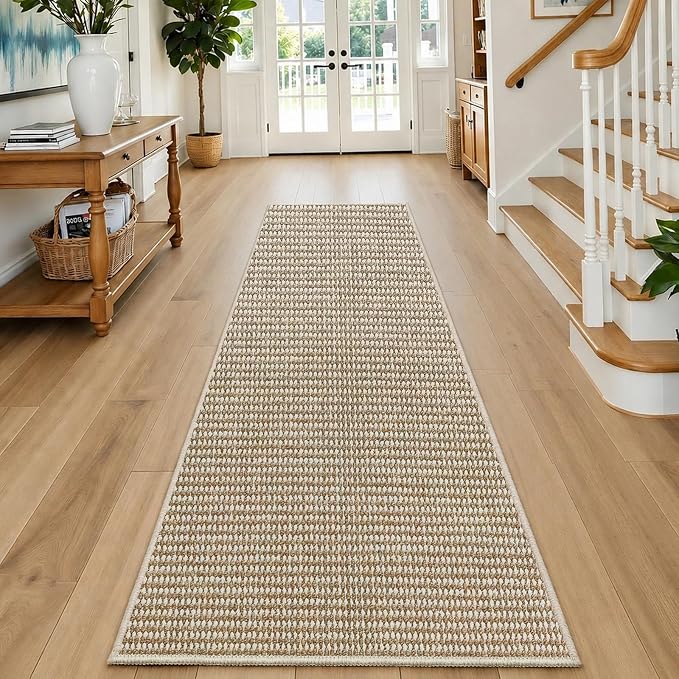 Faux Jute Hallway Runner Rug 2'x10', Washable & Non-Slip, Taupe & White | 0.27" - Image 6