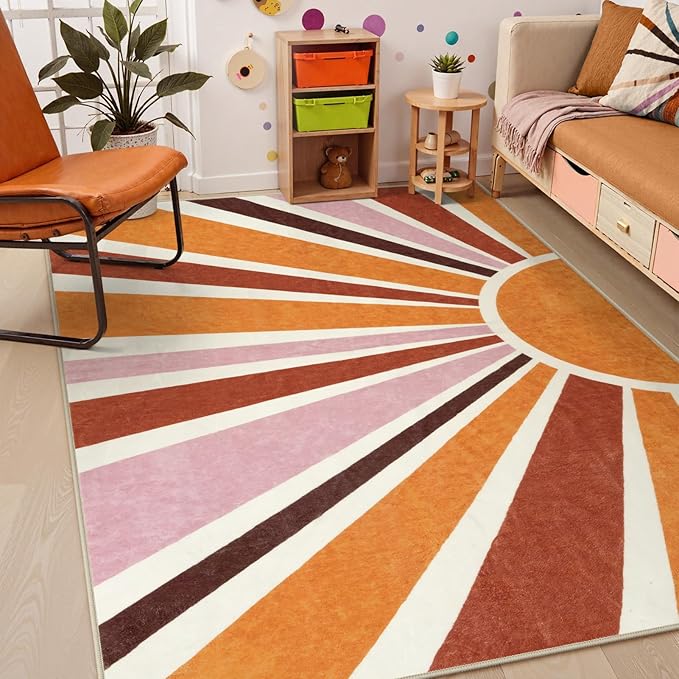 LIVEBOX Sun Boho Rug 5x7 Large Washable Retro Orange Rug by LIVEBOX