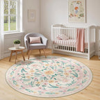 Round Boho Nursery Rug 8ft Pink Floral – Soft Washable Circle Rug by Dadasgk