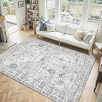 Floral Washable 6x9 Area Rug, Soft Grey White Bedroom Rug - Image 7